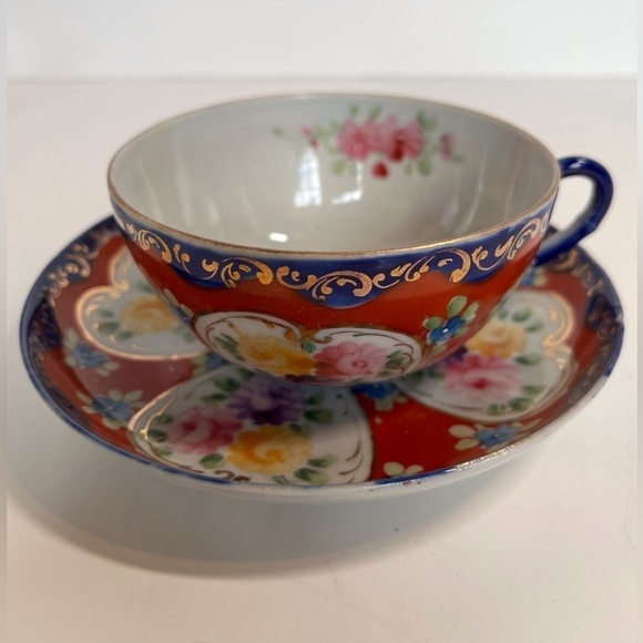 Floral Red and Blue Teacup and Saucer Set - Picture 1 of 13